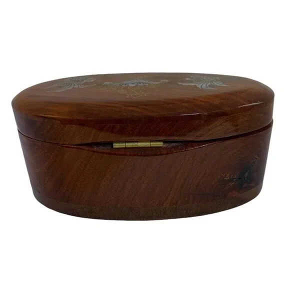 Vintage Mother of Pearl Fish Hinged Oval Brown Wooden Jewelry Trinket Box - Picture 2 of 6